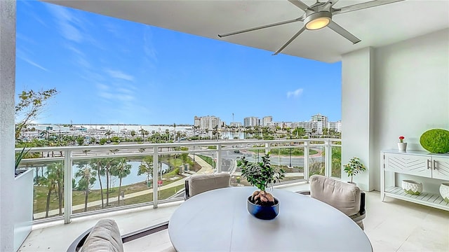 balcony featuring ceiling fan and a water view