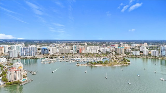 birds eye view of property featuring a water view