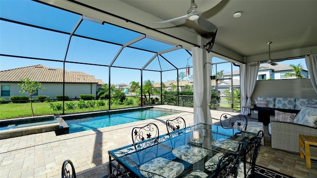 outdoor pool featuring a lanai, an outdoor hangout area, a ceiling fan, and a patio