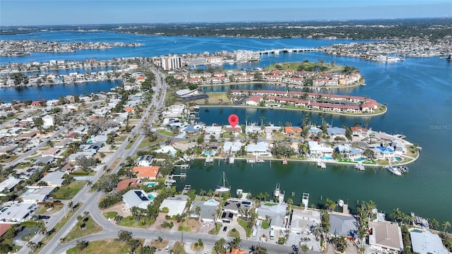 drone / aerial view featuring a water view