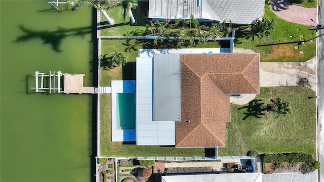 drone / aerial view featuring a water view