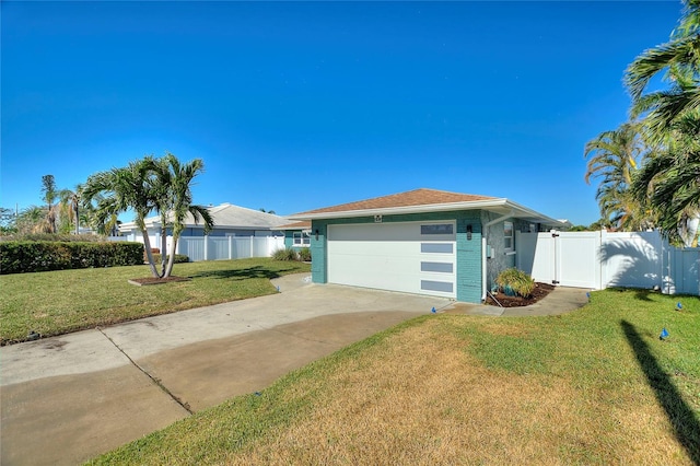 ranch-style home with a front yard and a garage