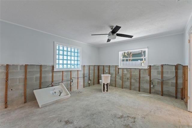 basement featuring ceiling fan and ornamental molding