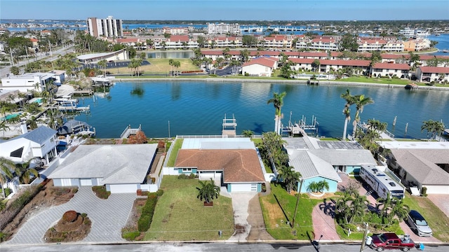 drone / aerial view featuring a water view