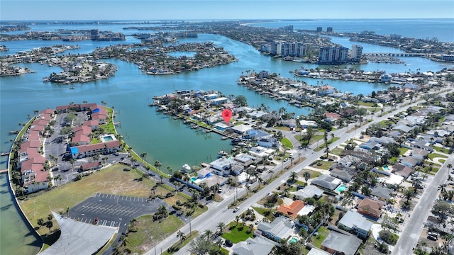 drone / aerial view featuring a water view