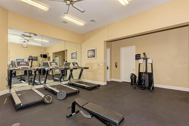 workout area featuring ceiling fan