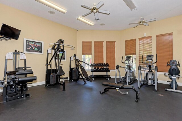 gym featuring ceiling fan