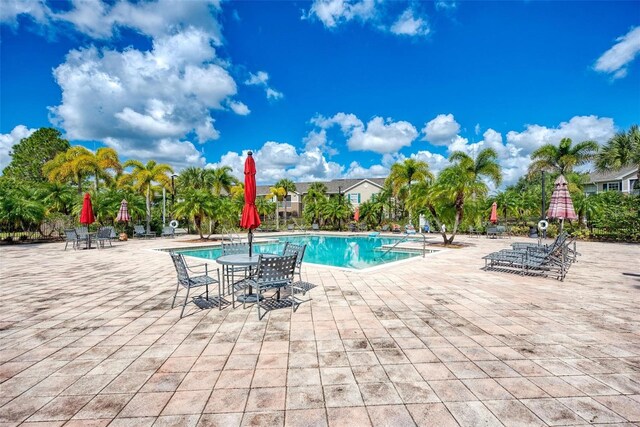 view of swimming pool featuring a patio area