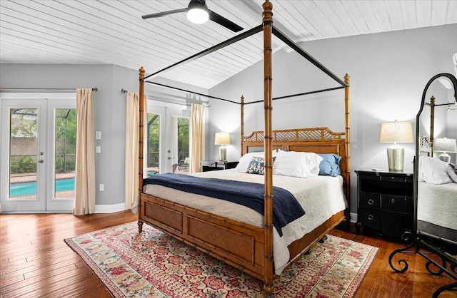 bedroom featuring wood-type flooring, french doors, access to exterior, vaulted ceiling, and ceiling fan