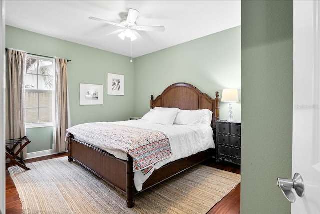 bedroom with ceiling fan and wood-type flooring