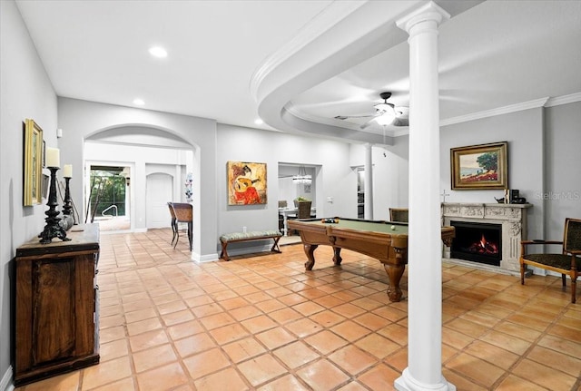 recreation room with ceiling fan, billiards, ornamental molding, and light tile patterned flooring