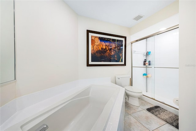 bathroom featuring toilet, independent shower and bath, and tile patterned floors