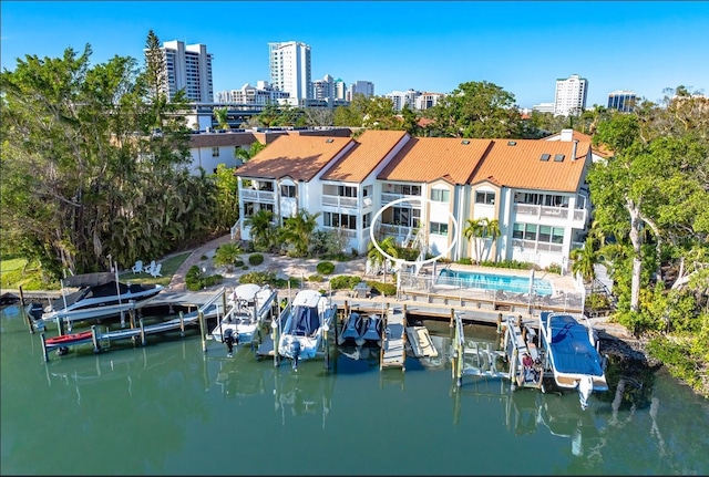 aerial view featuring a water view