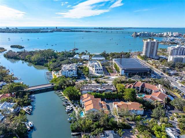 drone / aerial view featuring a water view