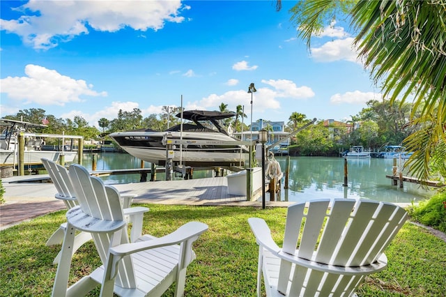 view of dock with a water view and a lawn