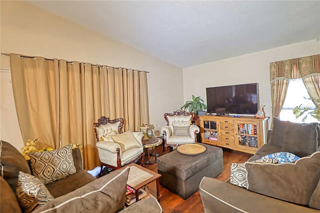 living room featuring lofted ceiling and hardwood / wood-style flooring