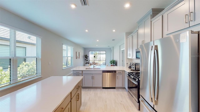 kitchen featuring sink, light hardwood / wood-style flooring, kitchen peninsula, gray cabinets, and appliances with stainless steel finishes