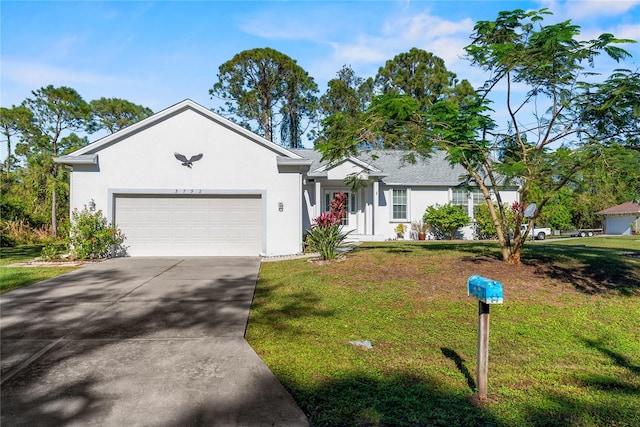 single story home with a front yard and a garage