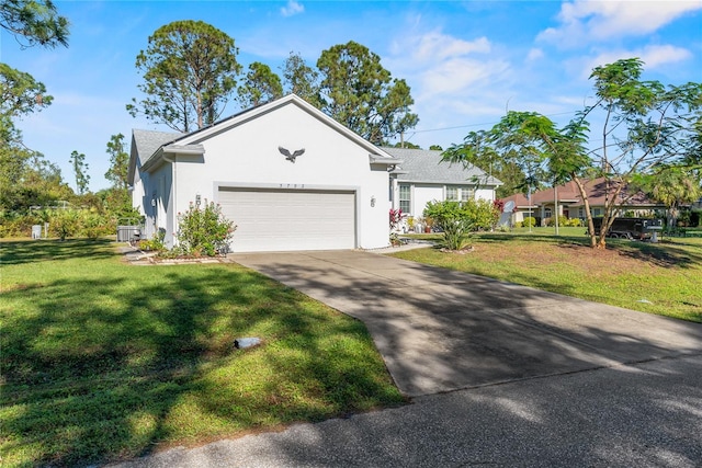 ranch-style home featuring a front yard and a garage