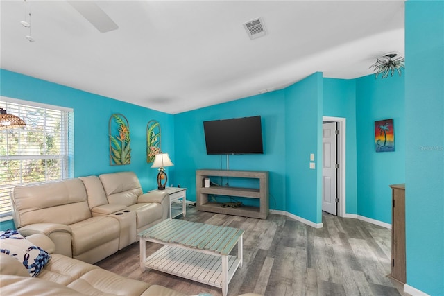 living room with ceiling fan and wood-type flooring