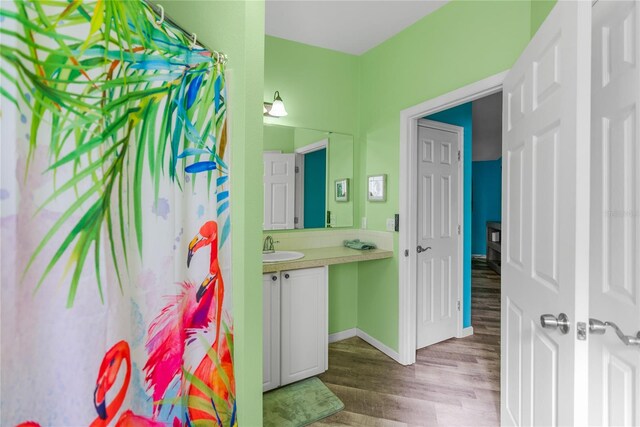 bathroom featuring vanity and wood-type flooring