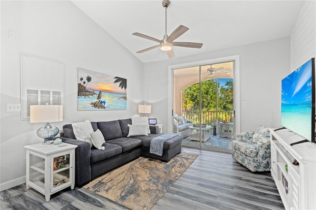 living room featuring wood-type flooring, high vaulted ceiling, and ceiling fan