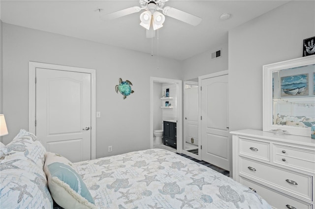 bedroom with connected bathroom and ceiling fan