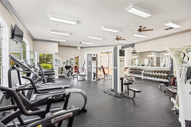 workout area featuring ceiling fan and ornamental molding