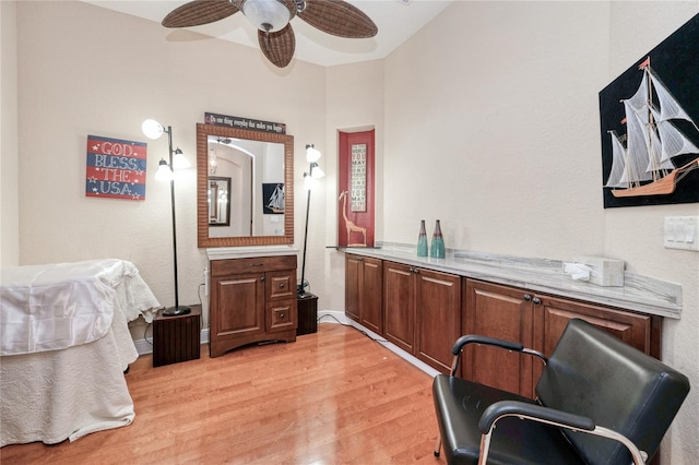 office area featuring ceiling fan and light hardwood / wood-style flooring