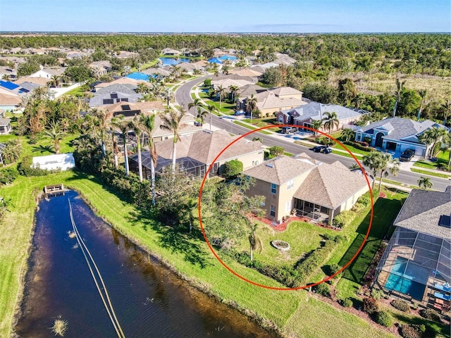 aerial view featuring a water view