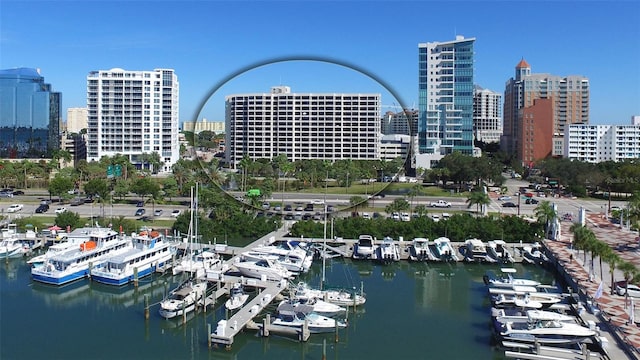 birds eye view of property featuring a water view and a city view