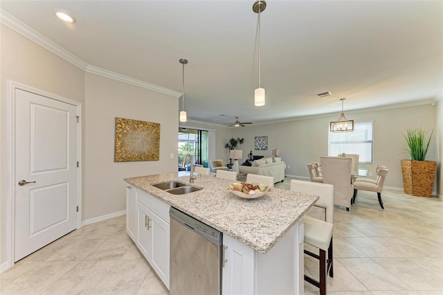 kitchen featuring white cabinetry, a wealth of natural light, dishwasher, and sink