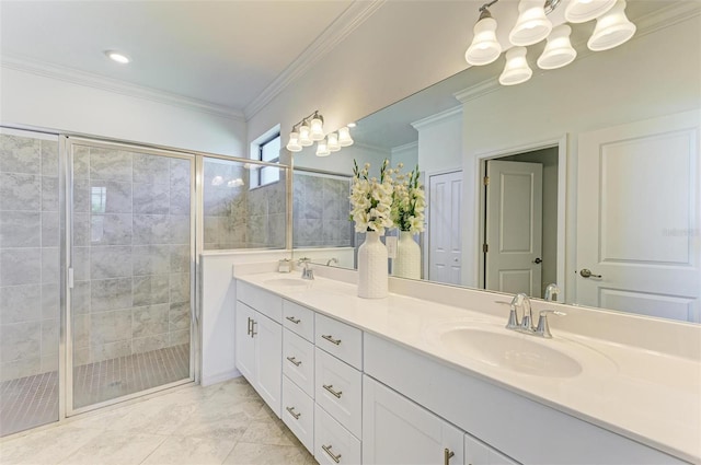 bathroom with vanity, walk in shower, and crown molding