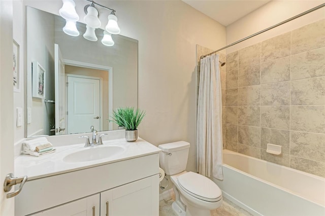 full bathroom featuring shower / bath combination with curtain, toilet, and vanity