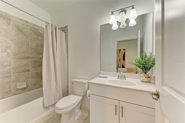 full bathroom with tile patterned floors, vanity, toilet, and shower / bath combo with shower curtain