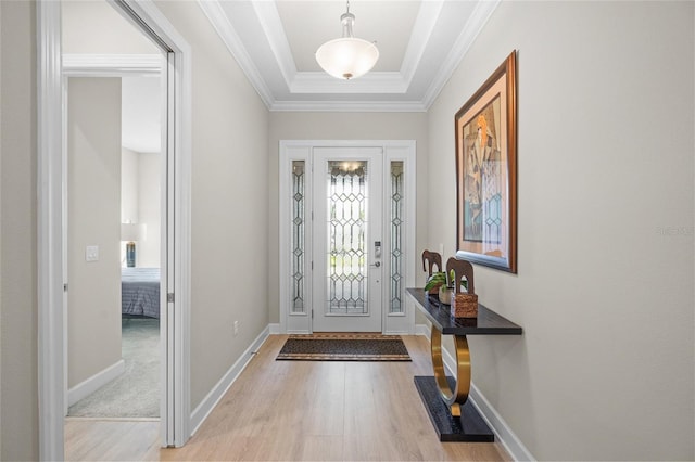 entryway featuring a tray ceiling, crown molding, and light hardwood / wood-style flooring