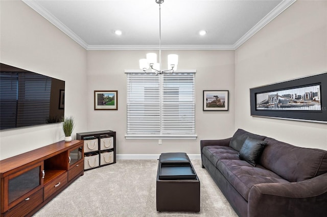 living room featuring a chandelier, light colored carpet, and ornamental molding