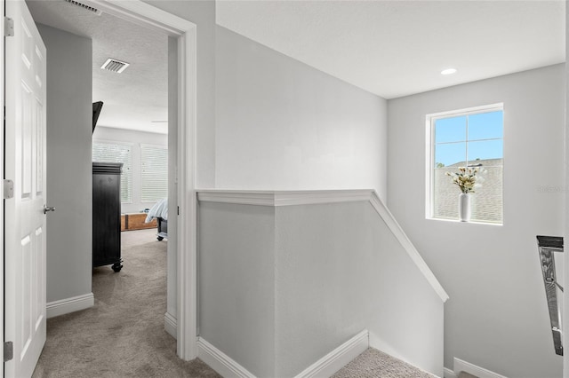 staircase with carpet flooring and a textured ceiling