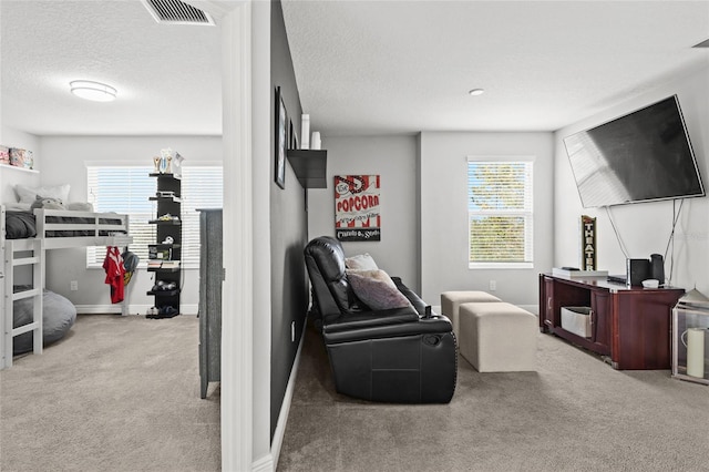 living room featuring light carpet, plenty of natural light, and a textured ceiling