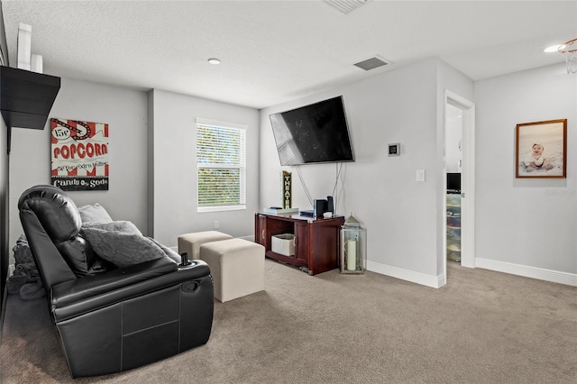 carpeted living room with a textured ceiling