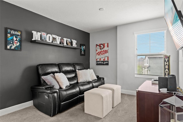 carpeted living room with a textured ceiling