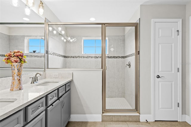 bathroom featuring tile patterned floors, a healthy amount of sunlight, and a shower with shower door