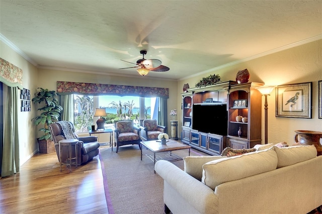 living room with ceiling fan, light hardwood / wood-style flooring, a textured ceiling, and ornamental molding