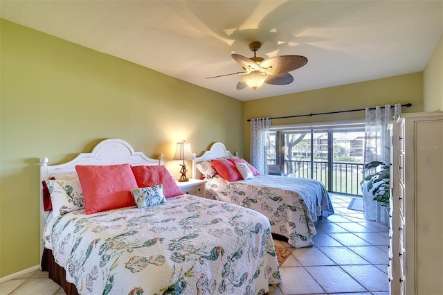 bedroom featuring light tile patterned floors, access to outside, and ceiling fan