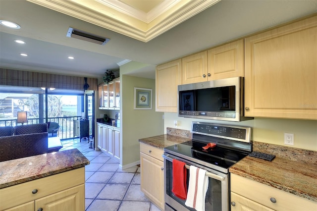 kitchen featuring crown molding, light tile patterned floors, stainless steel appliances, and stone countertops