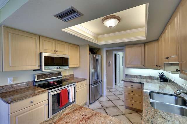 kitchen with a raised ceiling, sink, light stone countertops, ornamental molding, and stainless steel appliances