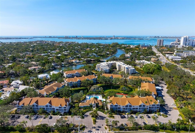 drone / aerial view with a water view