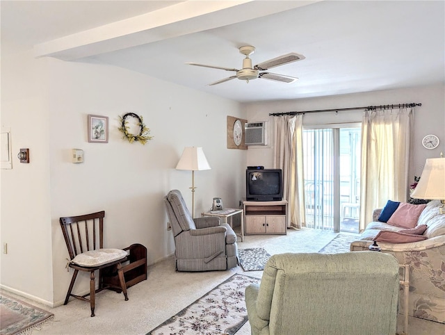 living room with ceiling fan, light carpet, and a wall mounted AC