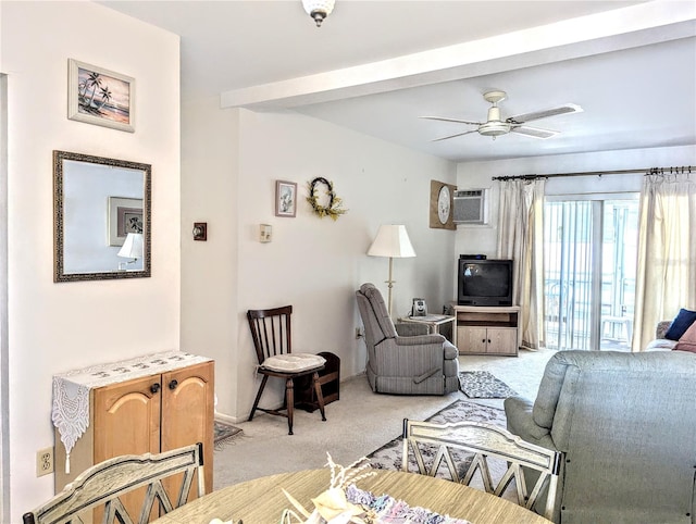 living room with light carpet, a wall mounted AC, and ceiling fan