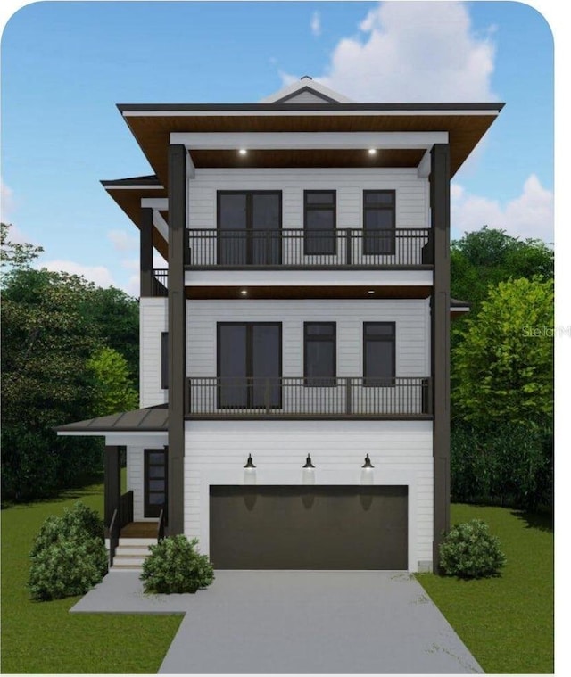 view of front of property featuring a balcony, a front lawn, and a garage